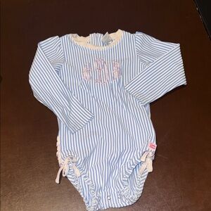Ruffle Butts Baby Girls Blue Stripe Long-Sleeve One-Piece with Pink Monogram